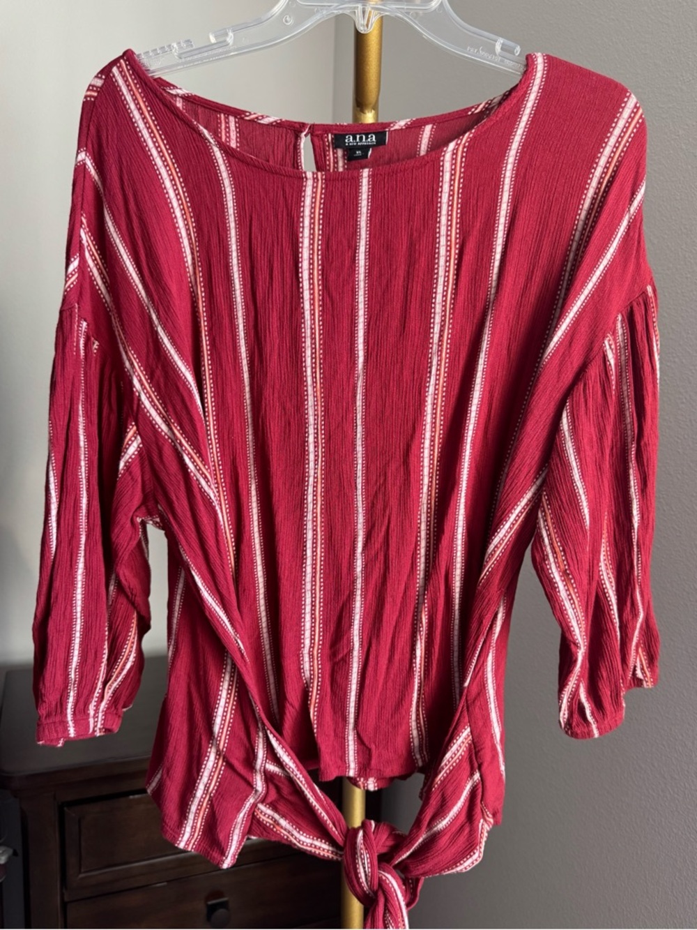 a.n.a Red and White Striped 3/4 Sleeve Tie Waist Top - XL